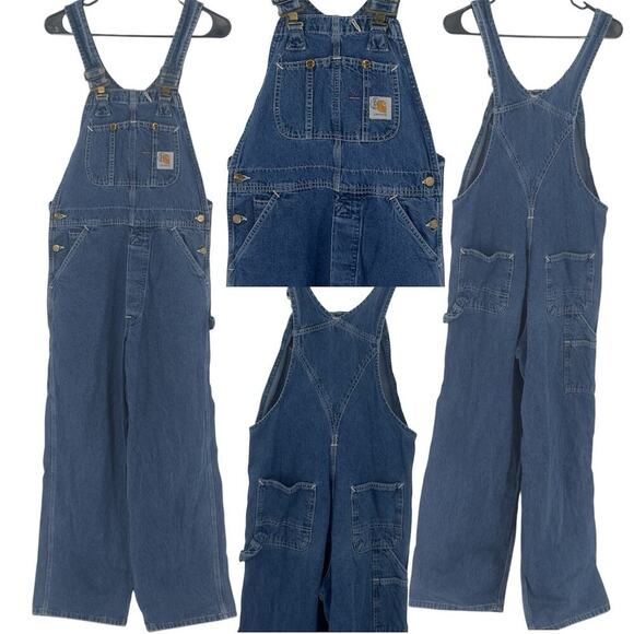 Vintage Carhartt Denim Overalls Mens 32x31 Blue Carpenter Jeans Workwear Outdoor - Picture 1 of 11